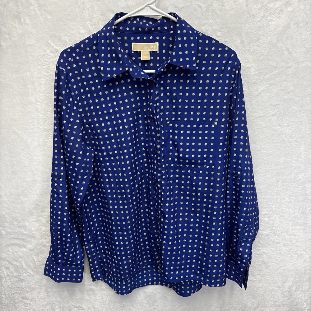 Michael Kors Blue Silver Polka Dot Blouse Womens Medium Studded Pocket